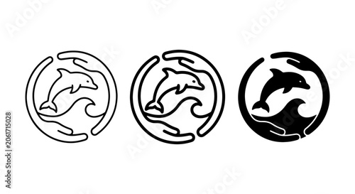 Konstfotografi Dolphin Wave Care Icons Set, Marine Life Protection Symbols, Ocean Conservation