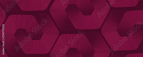 Abstract geometric background featuring overlapping pink and magenta hexagonal line patterns on a dark maroon backdrop