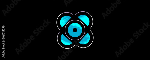 Abstract futuristic technology logo icon featuring a glowing blue neon atom symbol on a solid black background. Modern minimalist vector design template for tech, security, AI, or cyber companies.