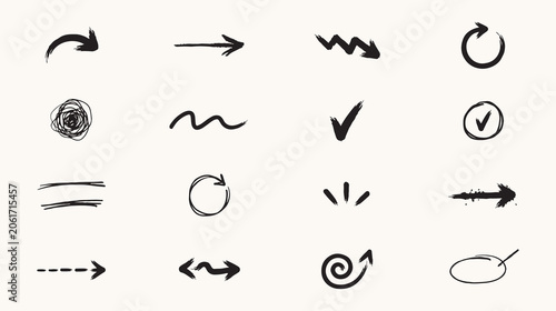 Quadro em tela Hand-Drawn Black Arrow Elements - A diverse collection of sketchy black ink arrows, checkmarks, wavy lines, and circular pointers for graphic design layouts vector illustration