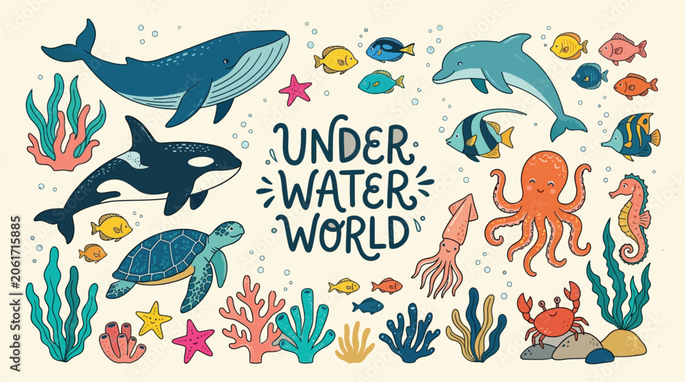 Obraz premium Colorful underwater world illustration with sea creatures and ocean plants
