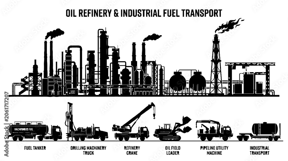Obraz premium Oil Refinery and Industrial Fuel Transport Silhouette Set.