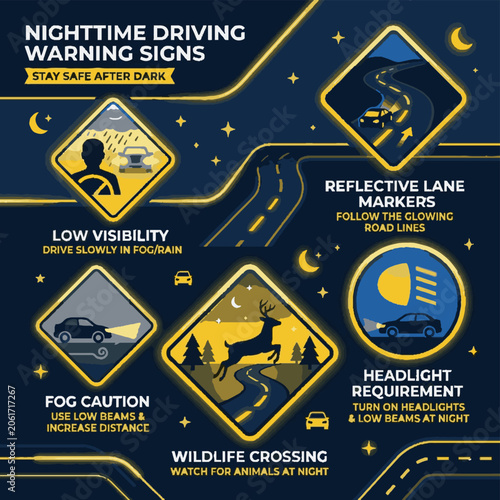 Cuadro en lienzo Nighttime driving safety warning signs and road guidance infographic