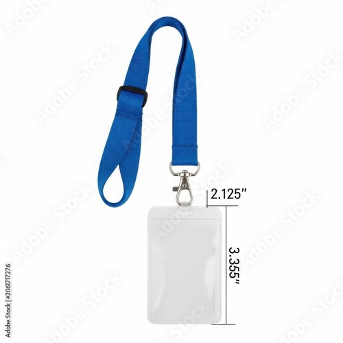 Blue lanyard with attached transparent id card holder and size dimensions