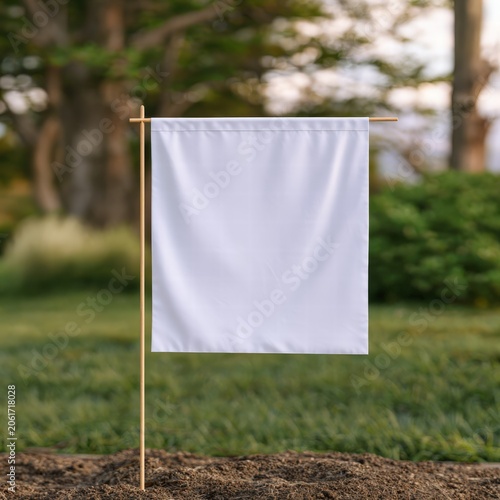 Blank white flag stands on a wooden pole in a green garden during daytime with trees in the background