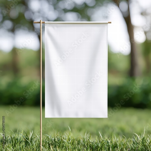 White flag stands on a grassy area surrounded by trees during daylight