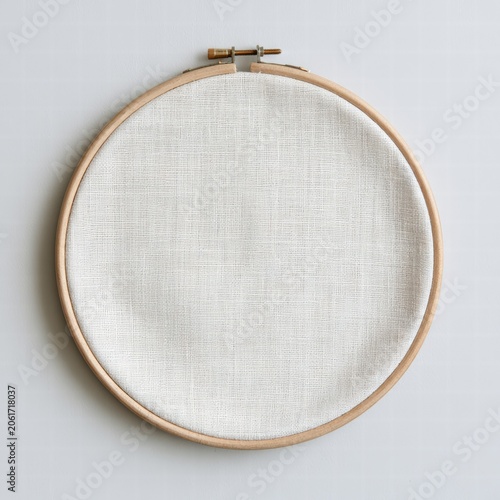 Empty embroidery hoop on a light background with fabric stretched inside