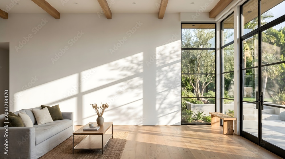 Fototapeta premium Modern Minimalist Living Room Interior with Large Glass Windows and Natural Sunlight Shadows