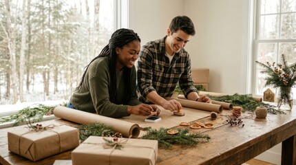 Couple happily wrapping gifts together for the holidays with festive decorations