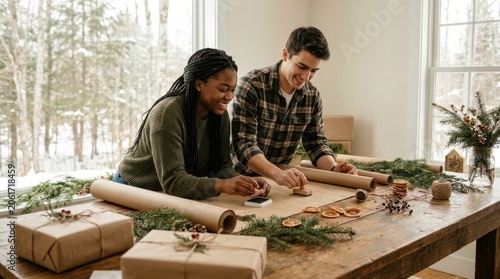 Couple happily wrapping gifts together for the holidays with festive decorations