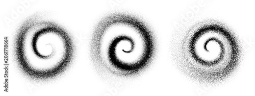 Circle powder swirl with dusty grain noise, gradient sand stencil. Vector vortex of dot wind spiral texture for round ripple airbrush. Grunge particle pattern and top circular shape, flying halftone