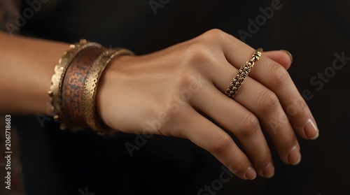 Elegant Hand Adorned with Gold Jewelry on Dark Background.