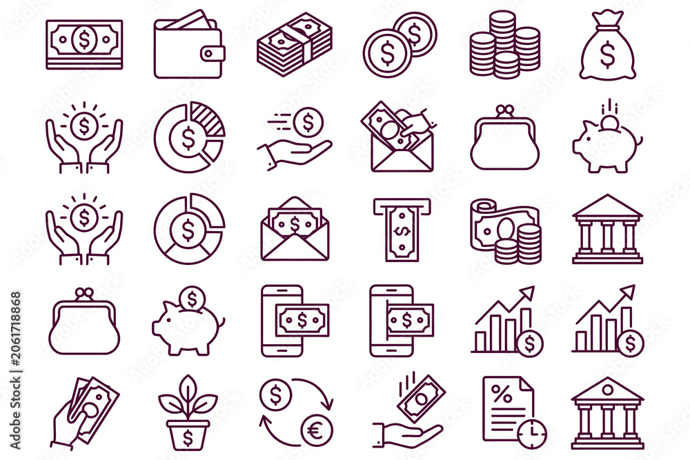 Fototapeta premium Collection of 24 financial and economic icons set featuring money symbols, savings, investments, and growth charts in clean monoline line art style