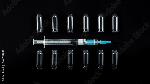 Medical Syringe and Vials Arranged on Black Background.