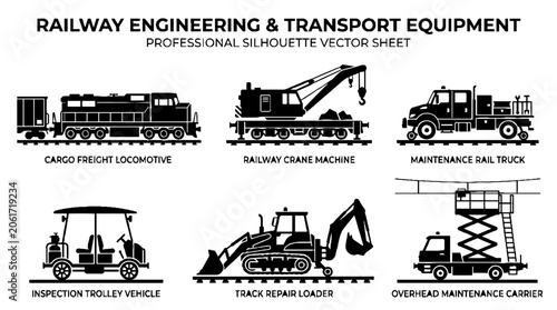 Tableau sur toile Railway Engineering and Transport Equipment Silhouette Vector Collection