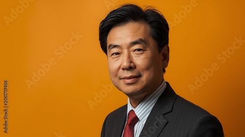 Portrait of a Confident Asian Businessman on Orange Background.