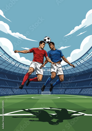 Vintage vector poster of two football players competing for aerial possession inside a crowded arena. Perfect for sports branding, event banners, fan decor, editorial projects, and posters