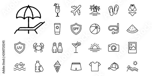 Photography Summer Beach Sea Vacation Travel Icon Surfing Sun Ice Cream Cocktail Suntan Sunblock Swimwear Pool Line Vector Illustration