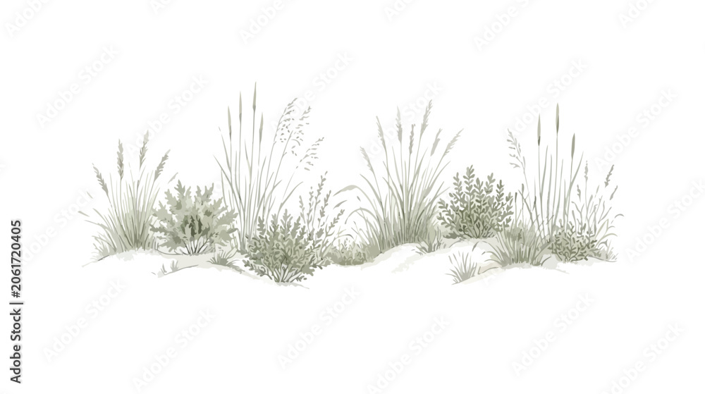 Fototapeta premium Minimalist wild grass vector illustration, botanical meadow plants on sand dunes, sage green field herbs and coastal vegetation border