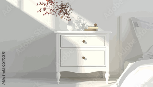 Foto White wooden two drawer nightstand furniture.