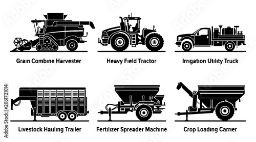 Schilderij op canvas Set of agricultural machinery and farming equipment silhouettes.