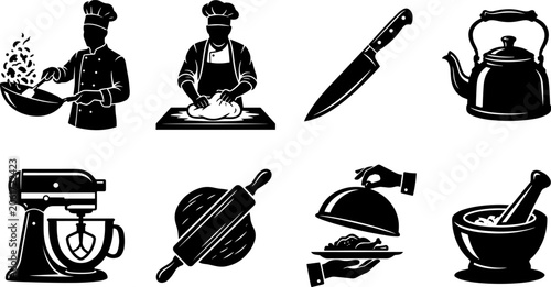 Schilderij op canvas Photography and camera equipment vector icon set featuring black silhouettes of