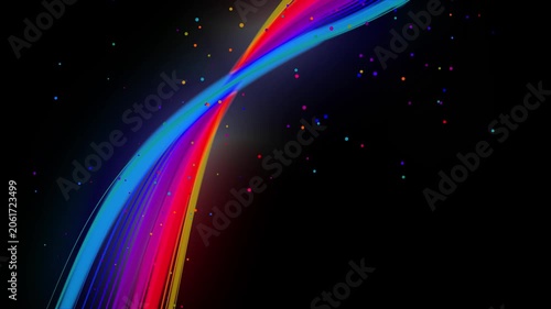 3d render VJ Loop particles Animated neon band crossing stage with confetti and glowing effects. Loopable three dimensional neon ribbon with vibrant particles and cinematic lighting effects for visual