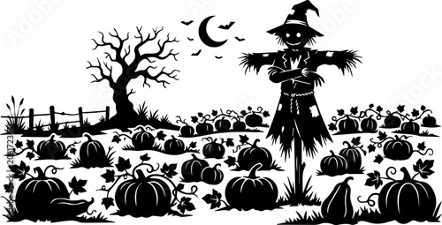 Foto Halloween Scarecrow in Dark Graveyard with Dead Trees Black and White Vector Ill