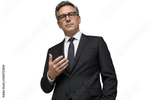 Successful Mature Businessman in Professional Black Suit Gesturing Confidently Isolated