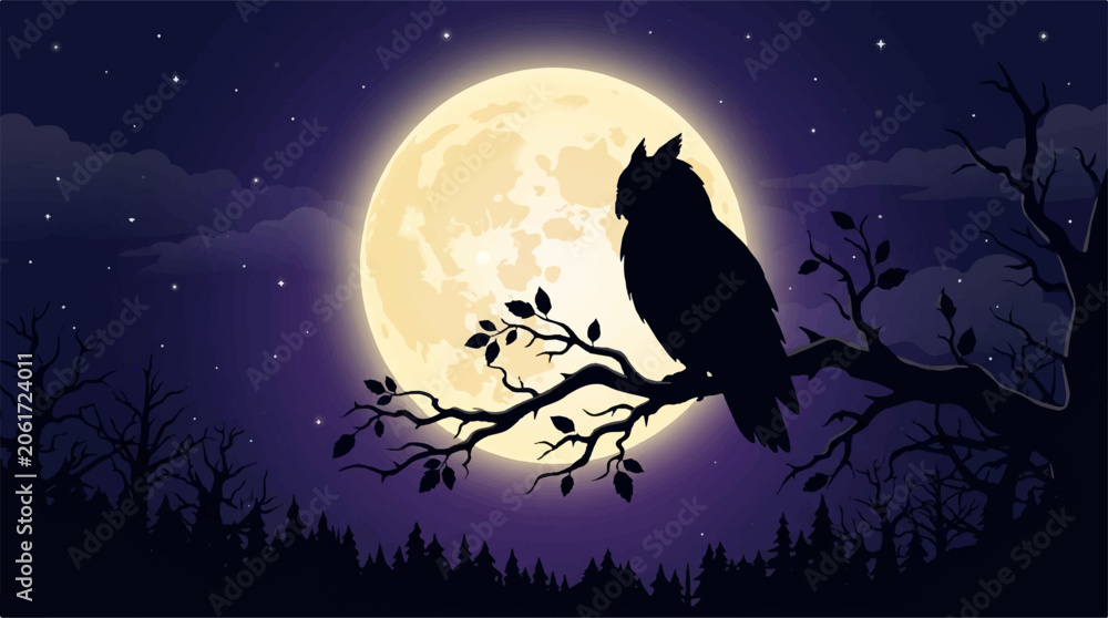 Fototapeta premium Owl Sitting on Branch Full Moon Halloween Night Purple Sky Vector Illustration