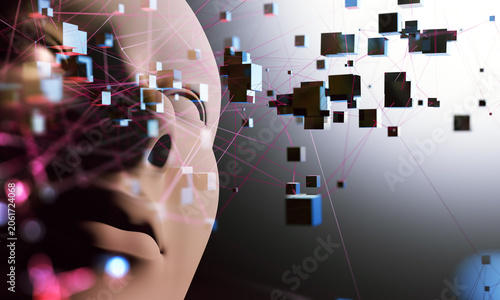 Rostro digital abstracto con IA y efecto de desintegración de píxeles. Concepto de desintegración de rostro humano digital mediante IA; inteligencia artificial y tecnología de datos para tecnnologia