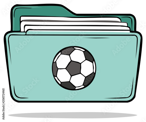 Teal Folder with Soccer Ball Symbol and Stack of Papers Inside Digital Illustration