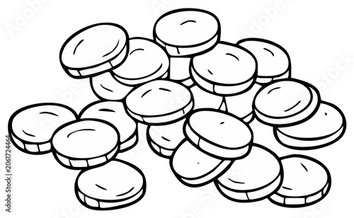 Abstract illustration of stacked, round coins, each with a curved line across the surface, in a bold black outline.