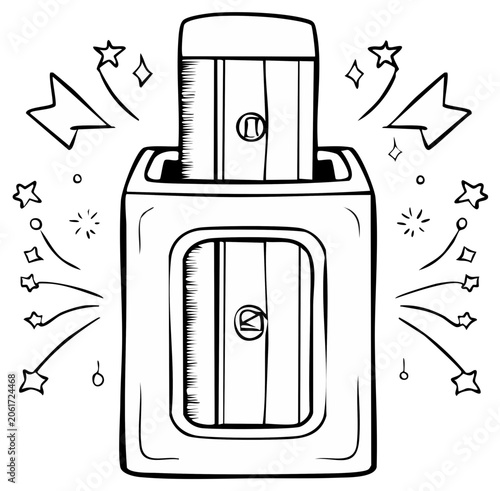 Whimsical hand-drawn illustration of a cartoon pencil sharpener with radiating stars and sparkling effects, symbolizing creativity and ideas