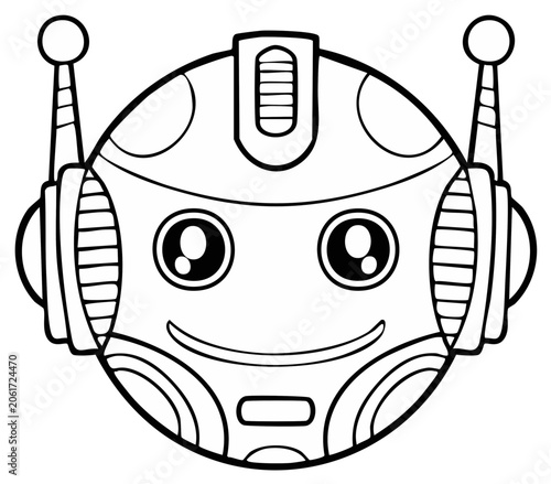 Smiling cartoon robot head line art drawing, friendly futuristic character for coloring book