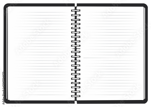 Open blank spiral notebook spread with lined pages ready for writing, notes, or ideas, isolated on white.