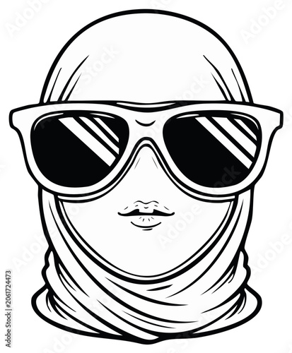 Stylized Face Wearing Sunglasses and Head Scarf in Black and White Illustration