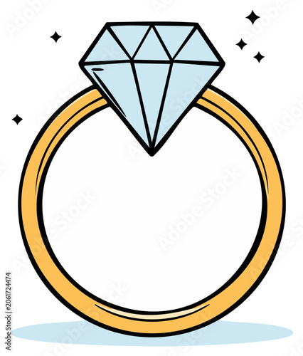 Sparkling diamond engagement ring with a golden band and cartoon-like style