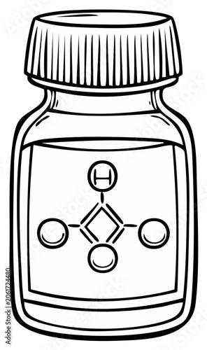 Medicine Bottle with Chemical Structure, Line Art Illustration, Medical Design for Science, Lab, Pharmacy, and Healthcare Themes
