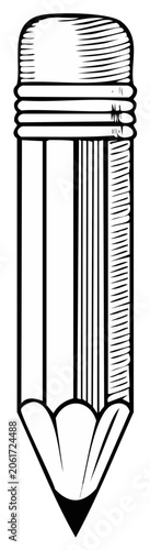 Graphite pencil with eraser drawing illustration in black and white outline