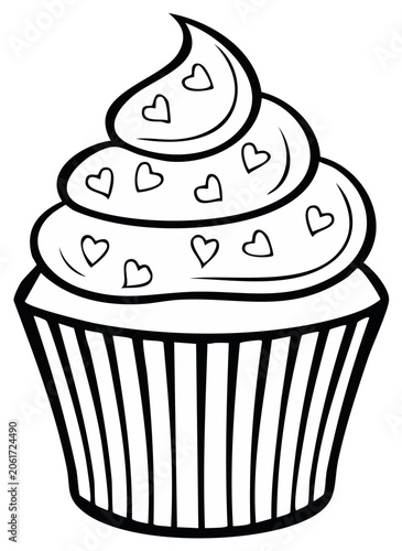 Valentine's Day Cupcake with Heart Decorations, Black and White Vector