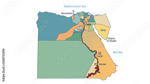 Photos Map of Egypt showing governorates, cities, Nile River, Red Sea, Mediterranean Se