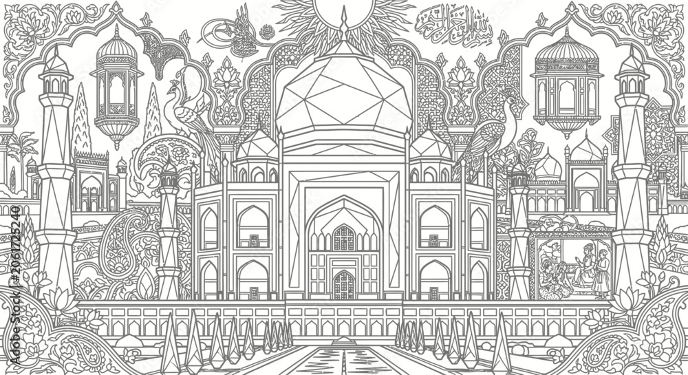 Fototapeta premium Timeless Taj Mahal Landmark Art | Monochrome Travel Illustration