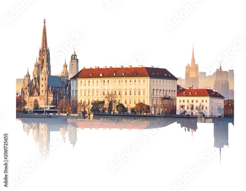 A serene cityscape with a large white building and a tall church steeple reflected in calm water