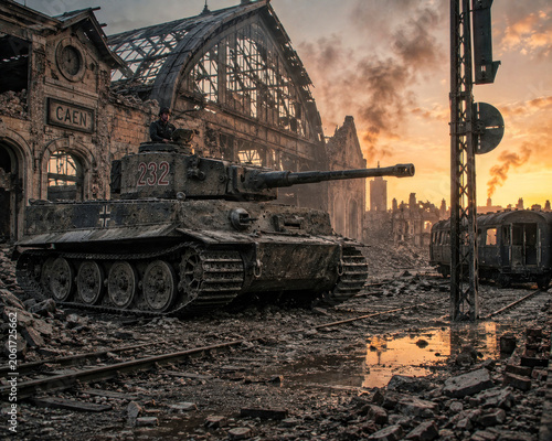 German Tiger Tank in the Devastated Rail Yard