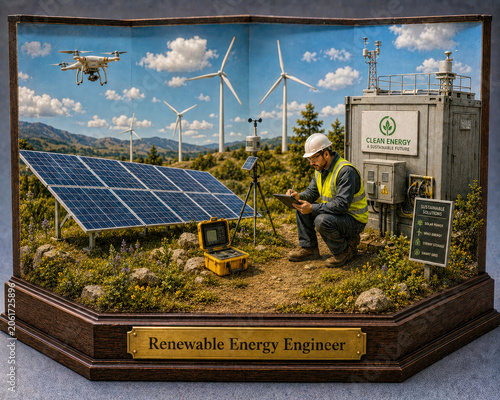 Renewable Energy Engineer Diorama with Solar and Wind Power