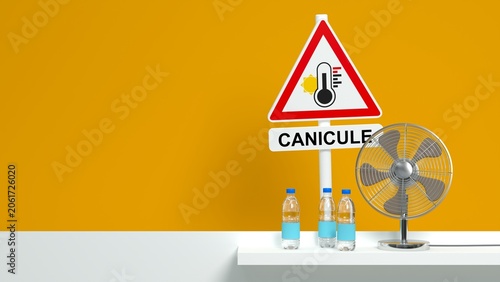Panneau d'alerte canicule avec bouteilles d'eau et ventilateur sur fond jaune - rendu 3D