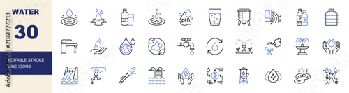 Fotografie Water and Hydration Editable Stroke Line Icons Set
