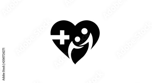 Black and white heart shape with cross and human figures symbol