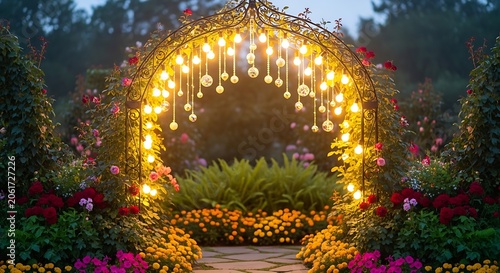 Beautiful wedding arch decorated with lights in a garden illustration